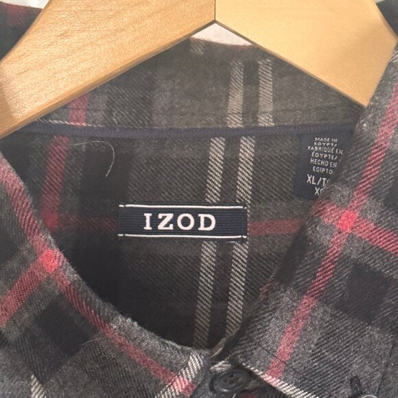 Izod Men's Grey, Black & Red Long-sleeve Cotton Flannel Button-down Shirt, XL - Picture 3 of 3